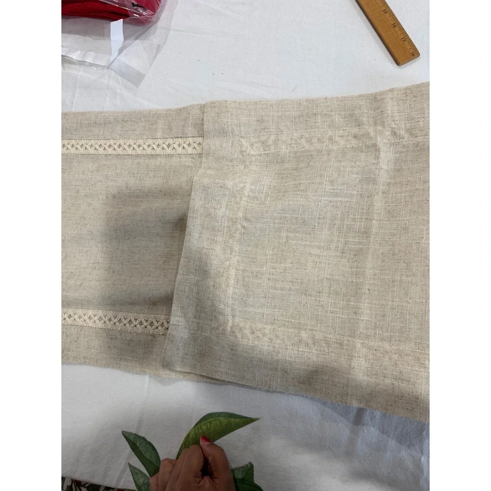 Natural Linen Table Runner with Crocheted Lace Trim Neutral Farmhouse 78x15.5